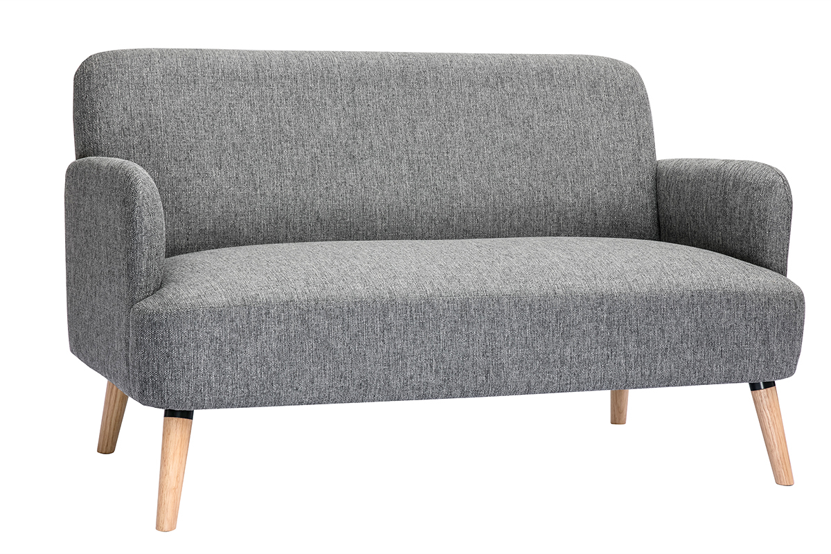 Canap� scandinave 2 places en tissu gris clair avec pieds en bois clair, vu de face.