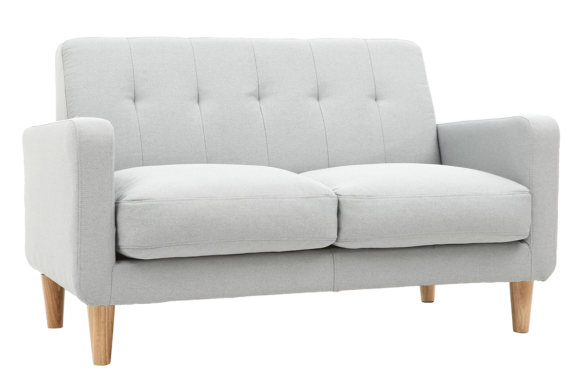 Canap� scandinave 2 places en tissu gris clair et bois clair LUNA