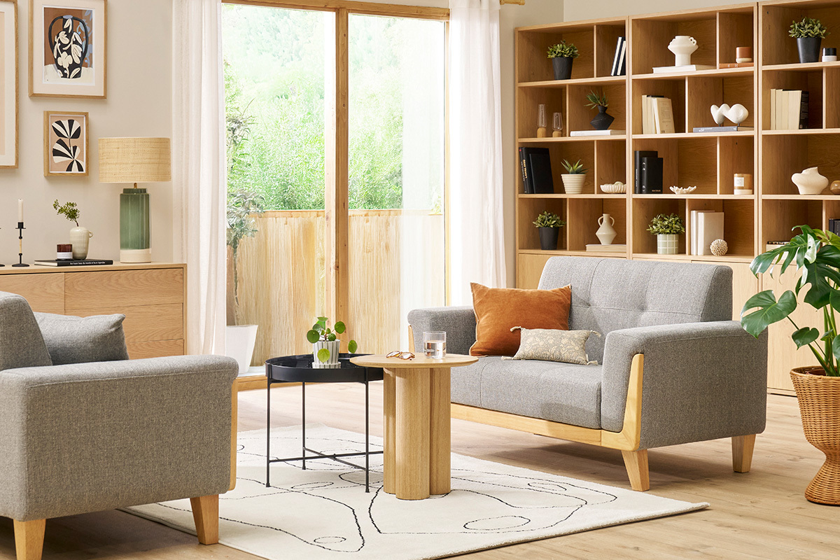 Canap� scandinave 2 places en tissu gris et bois clair FJORD