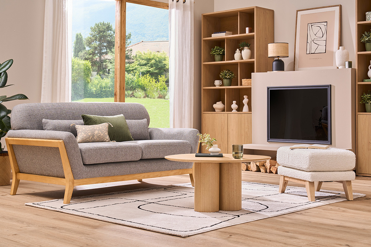 Canap� scandinave 2 places en tissu gris et bois clair YOKO