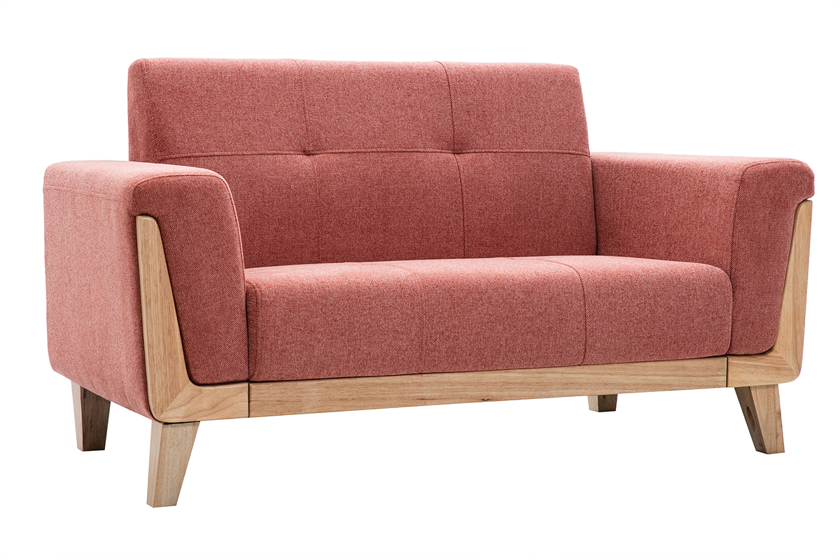 Canap� scandinave 2 places en tissu terracotta et bois clair, vue de 3/4.