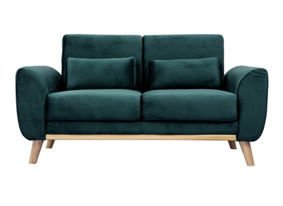Canap&eacute; scandinave 2 places en tissu velours bleu p&eacute;trole et bois clair EKTOR