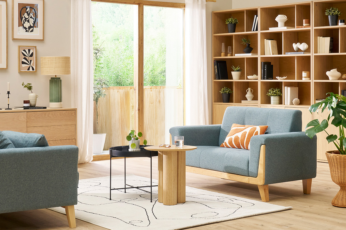 Canap� scandinave 2 places en tissu vert de gris et bois clair FJORD