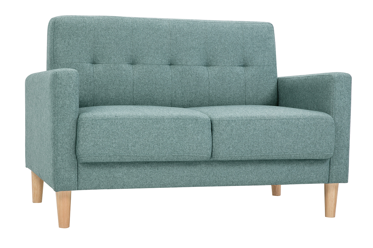 Canap� 2 places scandinave en tissu vert de gris avec pieds en bois clair, vue de 3/4.