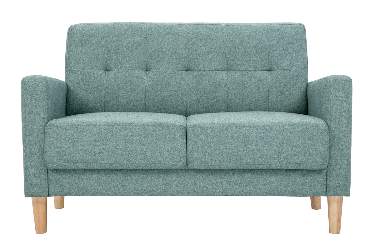 Canap� scandinave 2 places vert de gris avec pieds en bois clair, vue de face.