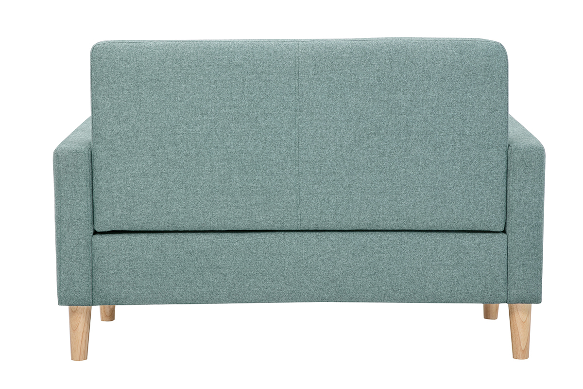 Canap� scandinave 2 places vert de gris, vue de dos, pieds en bois clair.