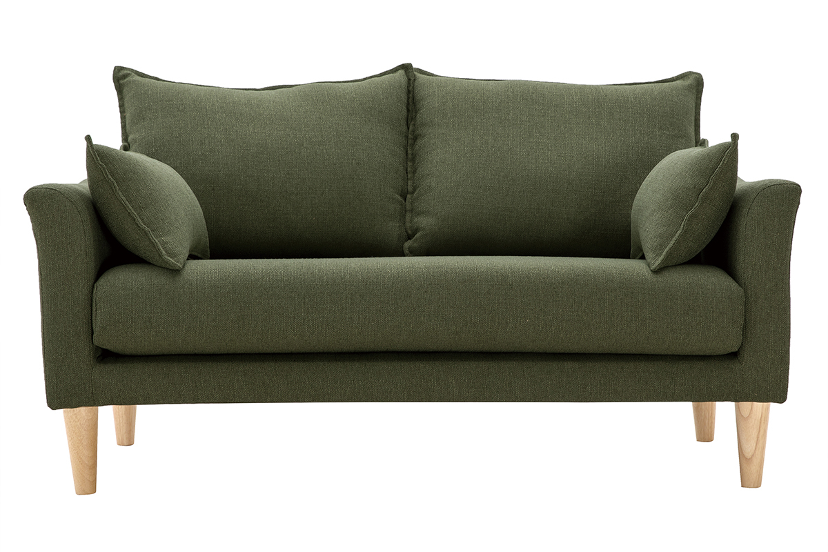 Canap� scandinave 2 places kaki avec accoudoirs �vas�s et pieds en bois clair, vue frontale.