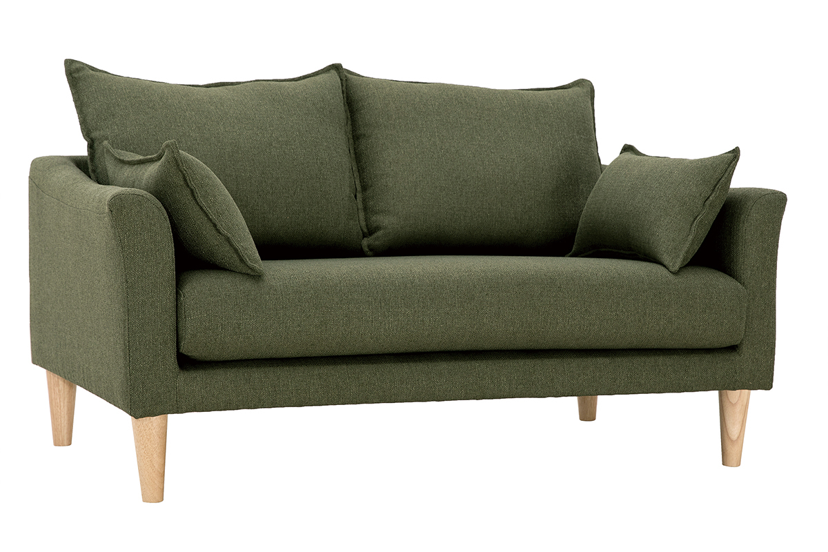 Canap� scandinave 2 places en tissu vert kaki avec pieds en bois clair, vue de 3/4.