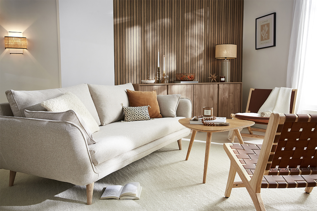 Canap� scandinave 3 places en tissu beige et bois clair CREEP