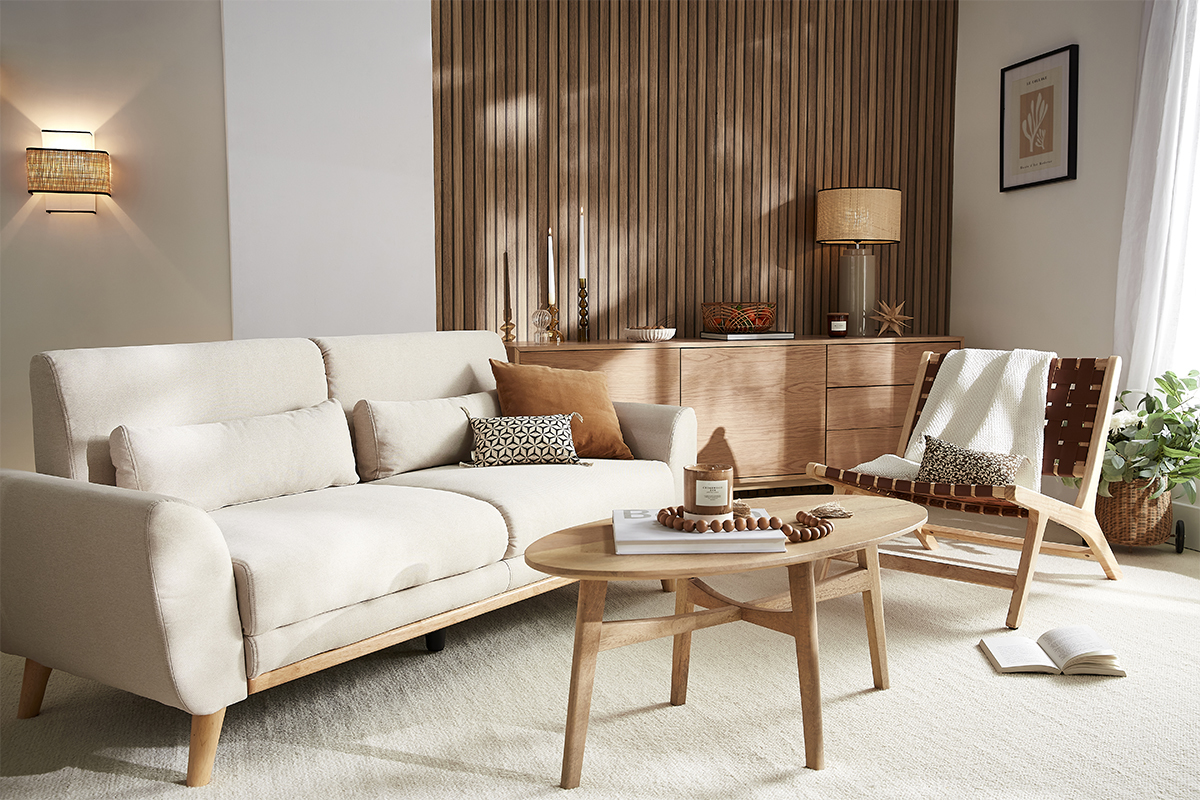 Canap� scandinave 3 places en tissu beige et bois clair EKTOR