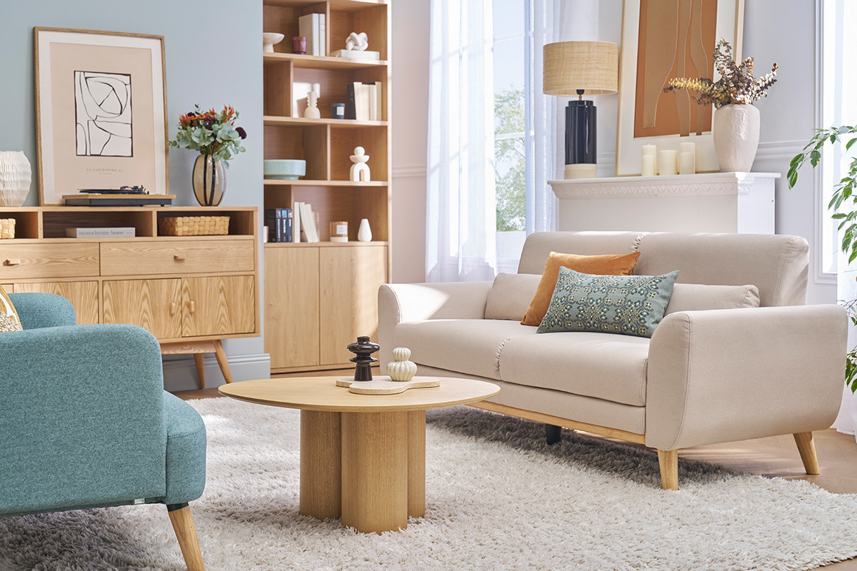 Canap� scandinave 3 places en tissu beige et bois clair EKTOR