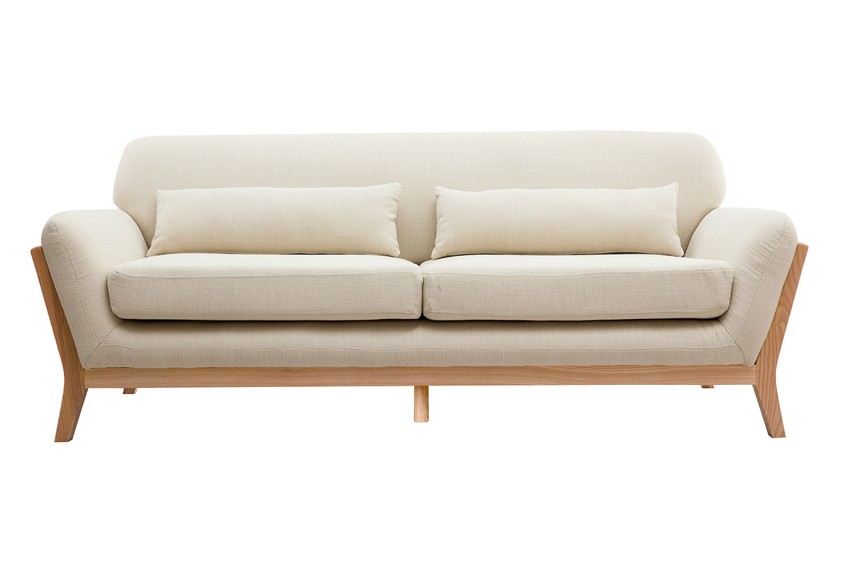 Canap� scandinave 3 places en tissu beige et bois clair YOKO