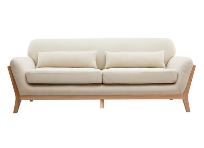 Canap&eacute; scandinave 3 places en tissu beige et bois clair YOKO