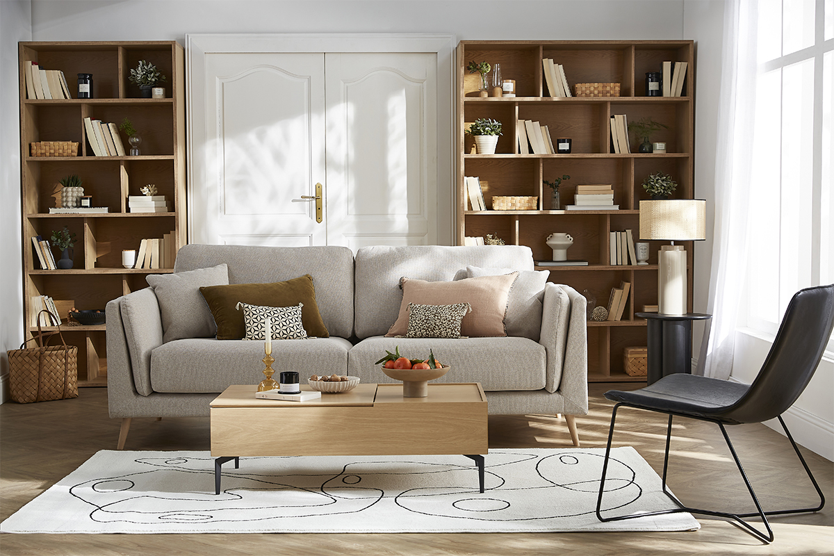 Canap� scandinave 3 places en tissu beige naturel et bois clair VOGUE