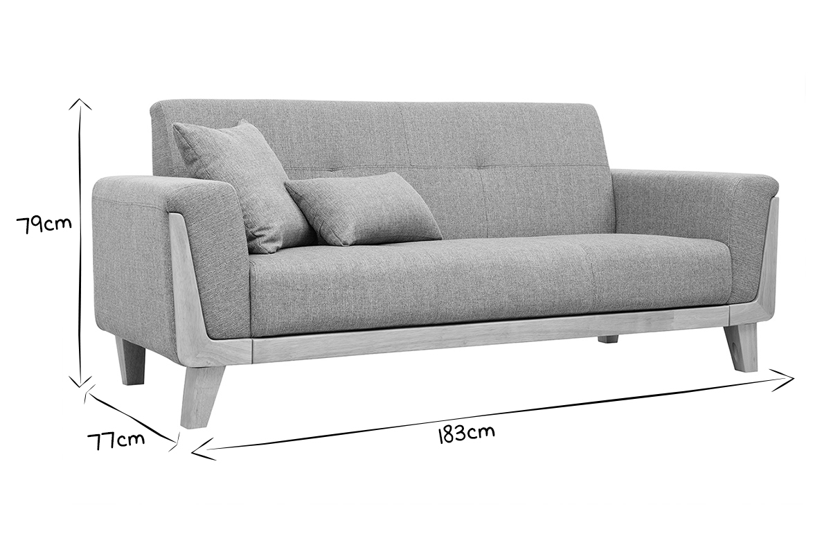 Canap� scandinave 3 places en tissu effet velours blanc cass� et bois clair FJORD