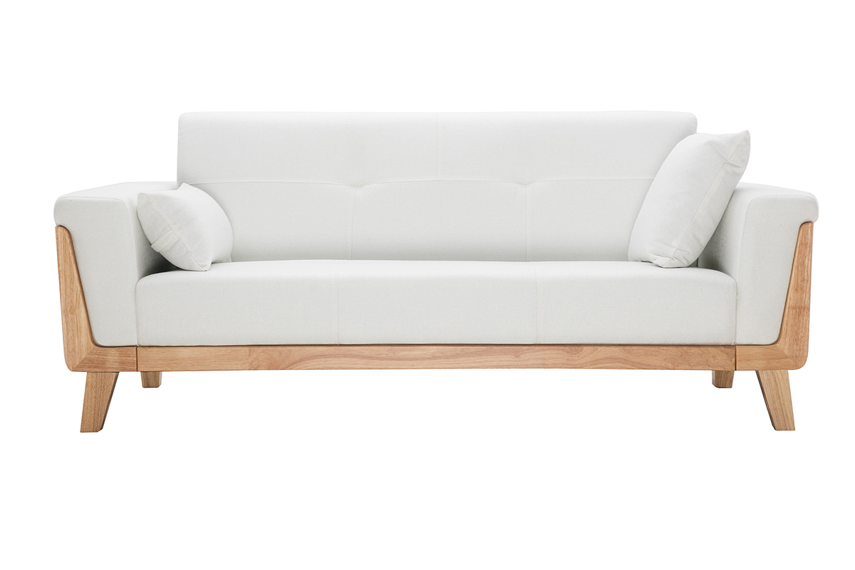 Canap� scandinave 3 places en tissu effet velours blanc cass� et bois clair FJORD