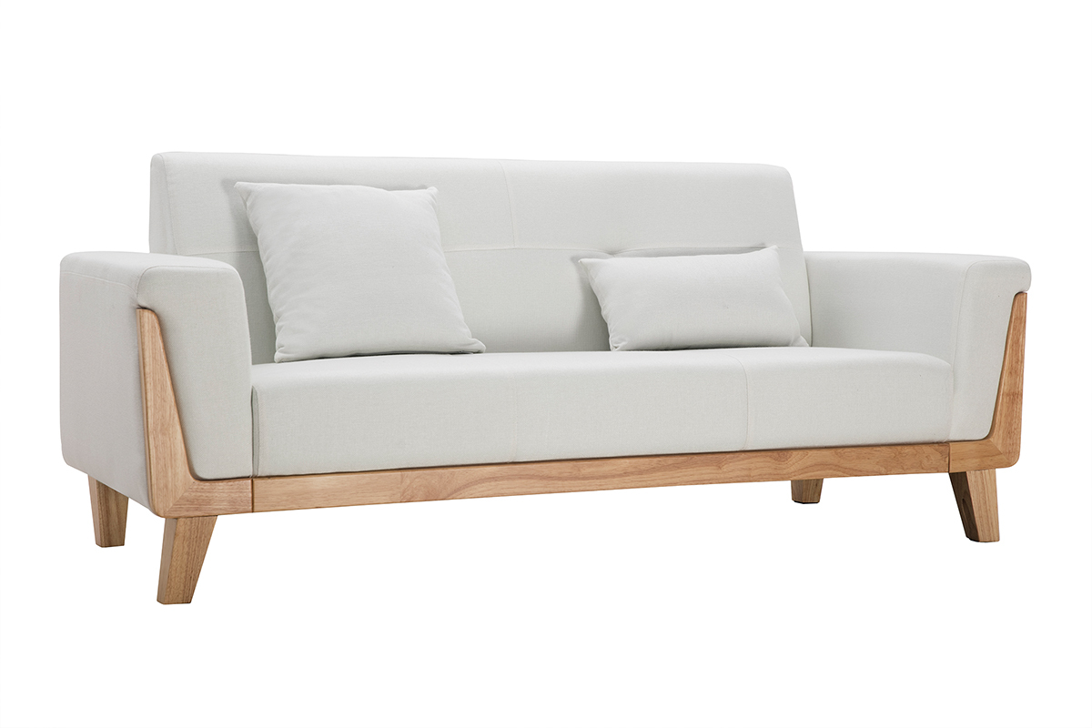 Canap� scandinave 3 places en tissu effet velours blanc cass� et bois clair FJORD