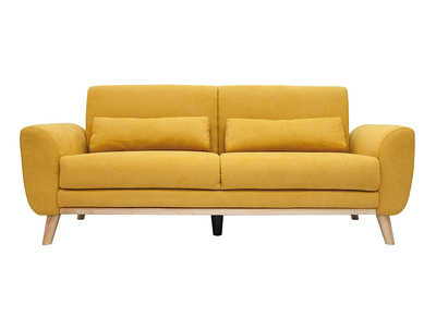 Canap&eacute; scandinave 3 places en tissu effet velours jaune moutarde et bois clair EKTOR