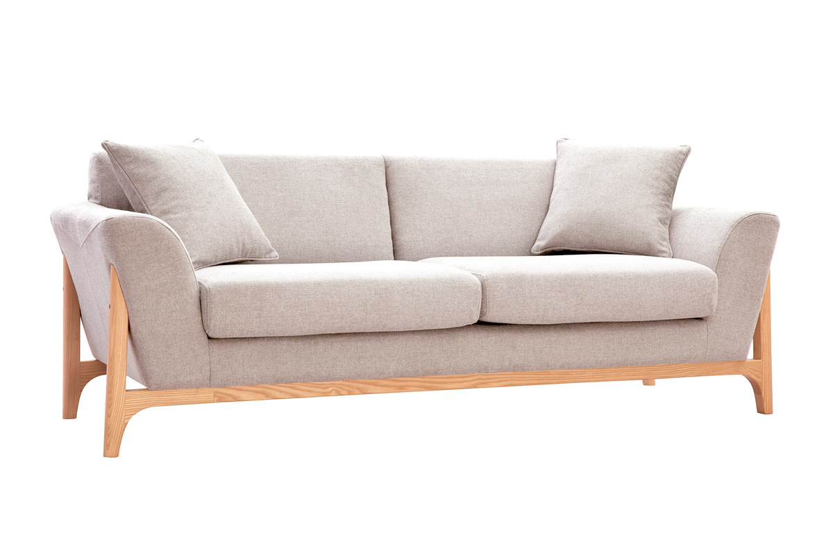 Canap� scandinave 3 places en tissu effet velours textur� beige et bois clair ASAKO