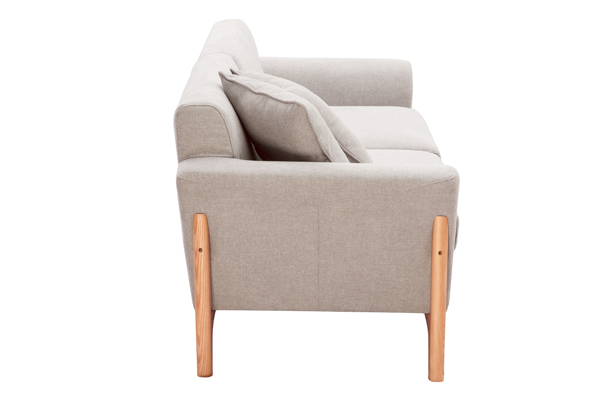 Canap� scandinave 3 places en tissu effet velours textur� beige et bois clair ASAKO