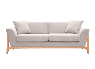 Canap&eacute; scandinave 3 places en tissu effet velours textur&eacute; beige et bois clair ASAKO