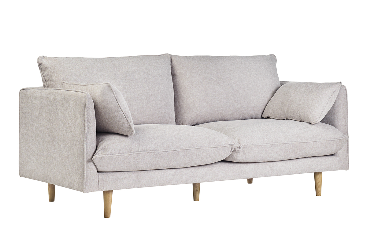 Canap� scandinave 3 places en tissu beige avec pieds en bois clair, vue de trois quarts.