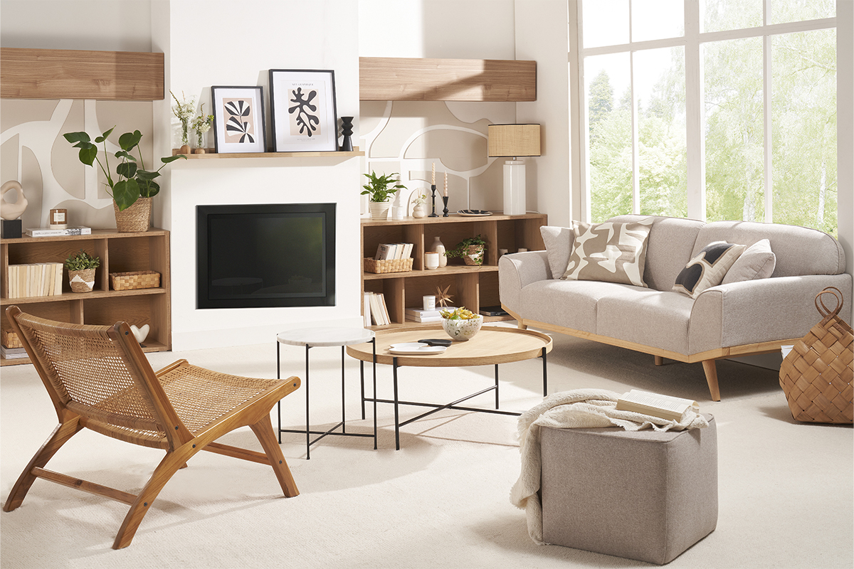 Canap� scandinave 3 places en tissu effet velours textur� beige et bois clair FREEMA
