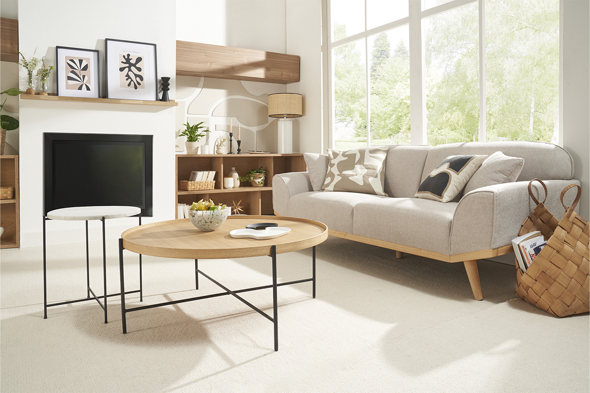 Canap� scandinave 3 places en tissu effet velours textur� beige et bois clair FREEMA