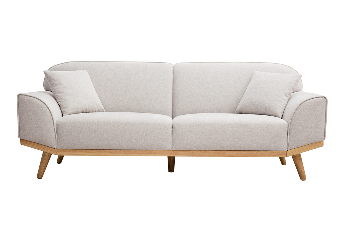 Canap� scandinave 3 places en tissu effet velours textur� beige et bois clair FREEMA