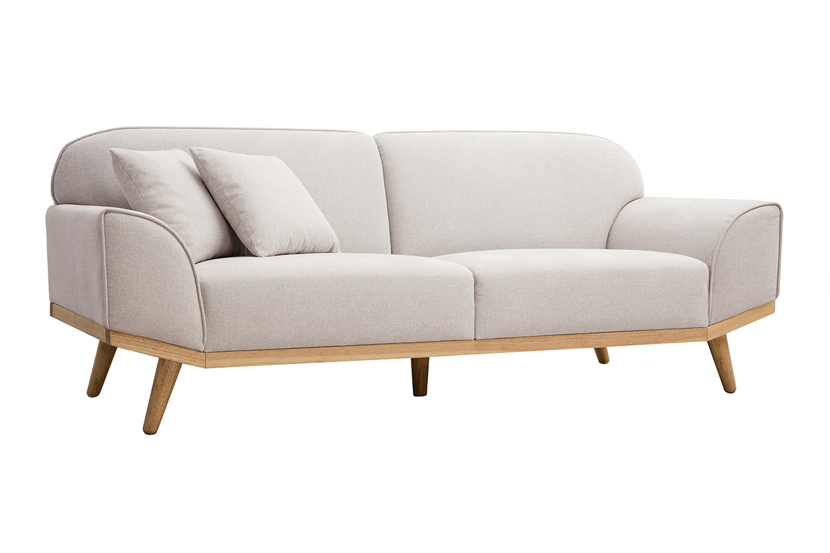 Canap� scandinave 3 places en tissu effet velours textur� beige et bois clair FREEMA
