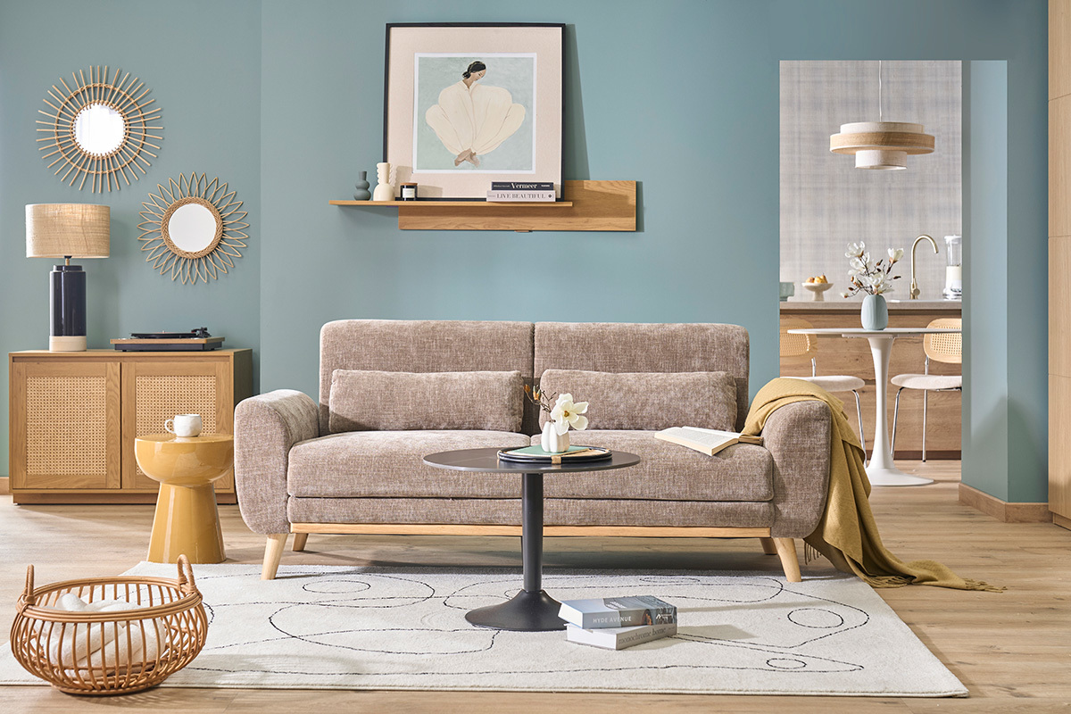 Canap� scandinave 3 places en tissu effet velours textur� taupe et bois clair EKTOR