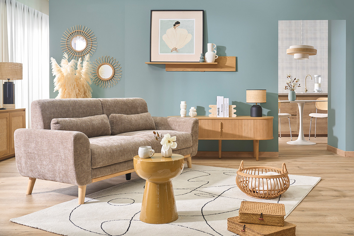 Canap� scandinave 3 places en tissu effet velours textur� taupe et bois clair EKTOR