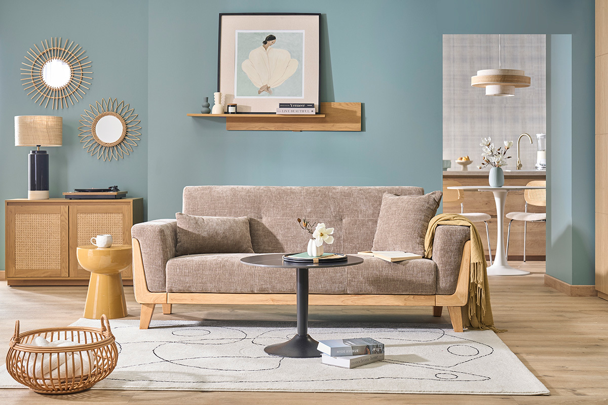 Canap� scandinave 3 places en tissu effet velours textur� taupe et bois clair FJORD