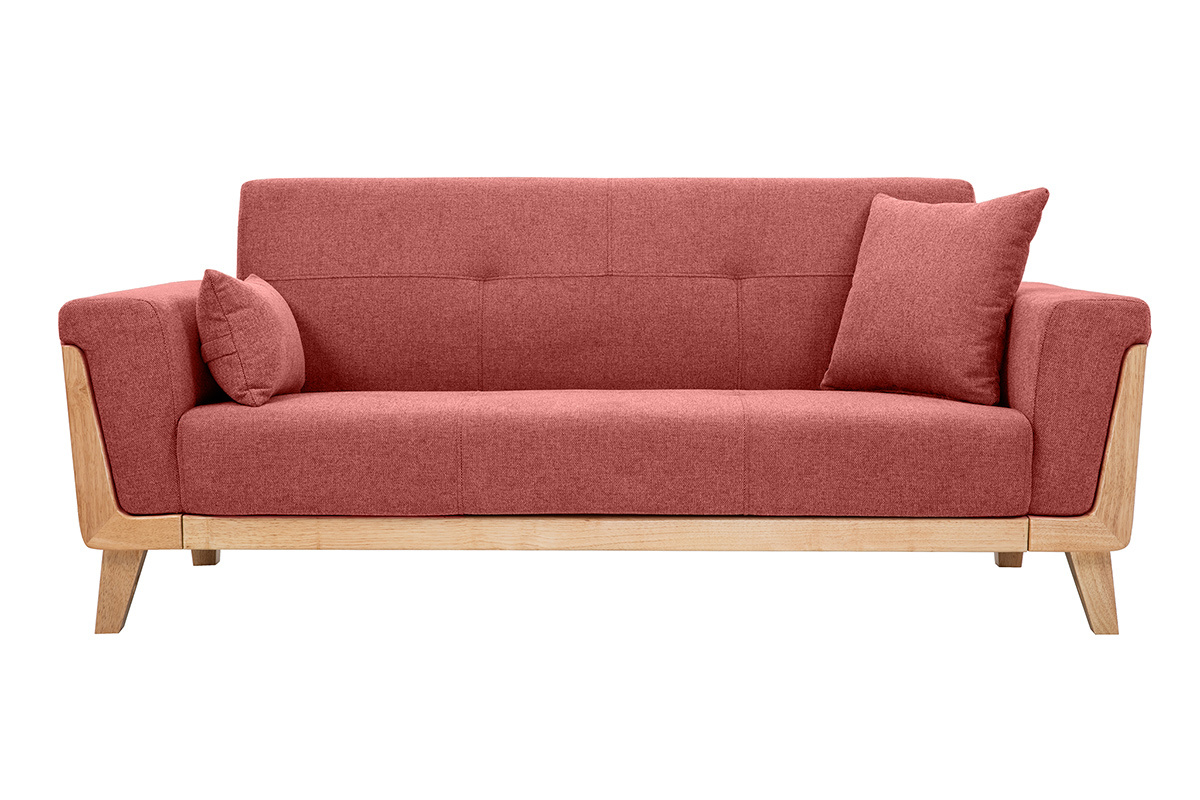 Canap� scandinave 3 places en tissu effet velours textur� terracotta et bois clair FJORD