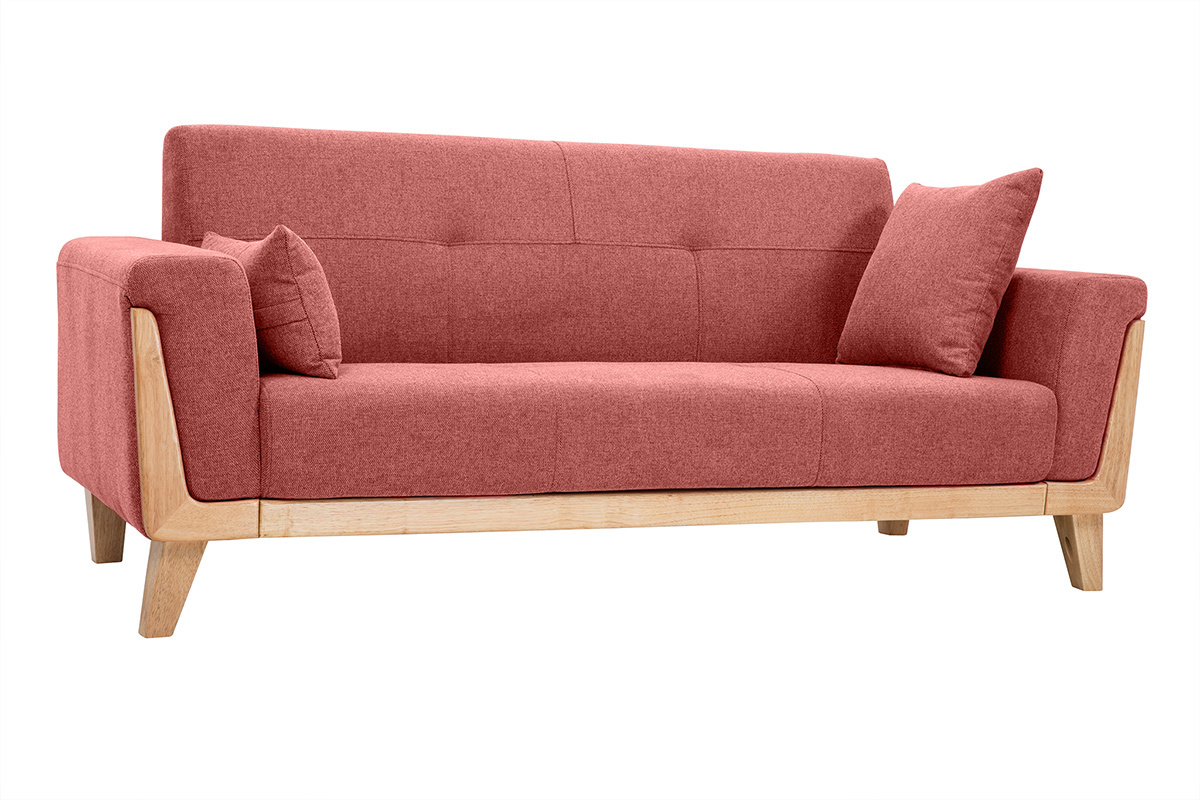 Canap� scandinave 3 places en tissu effet velours textur� terracotta et bois clair FJORD