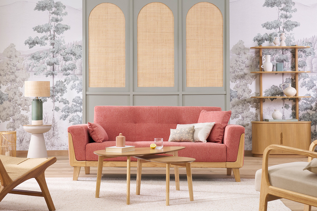 Canap� scandinave 3 places en tissu effet velours textur� terracotta et bois clair FJORD