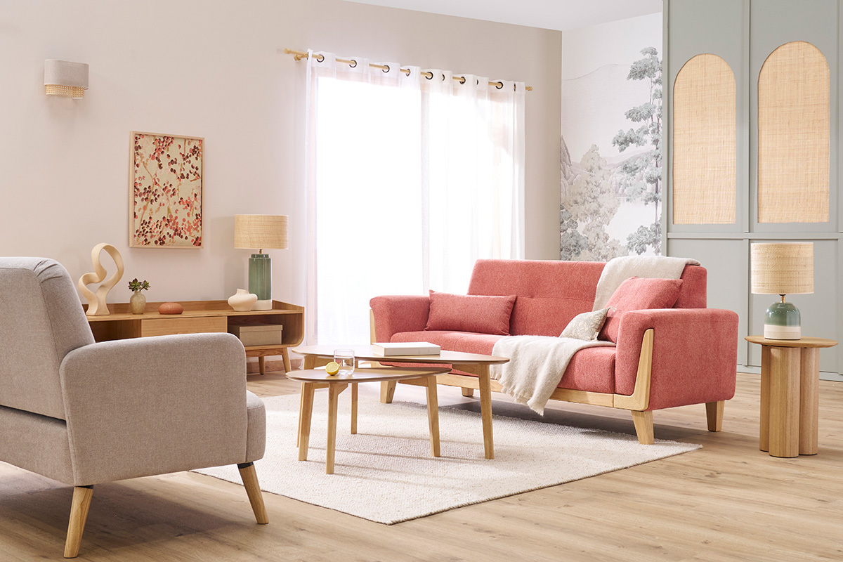 Canap� scandinave 3 places en tissu effet velours textur� terracotta et bois clair FJORD