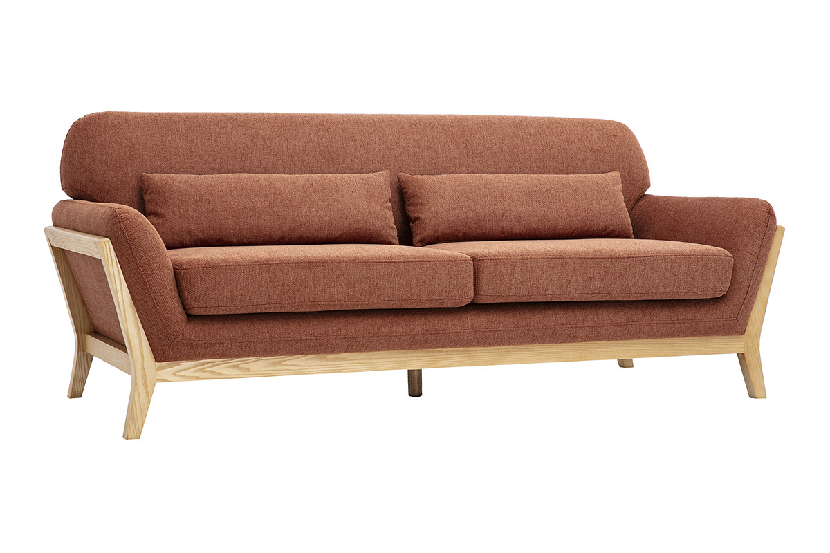 Canap� scandinave 3 places en tissu effet velours textur� terre br�l�e, vue de 3/4, avec structure en bois clair.