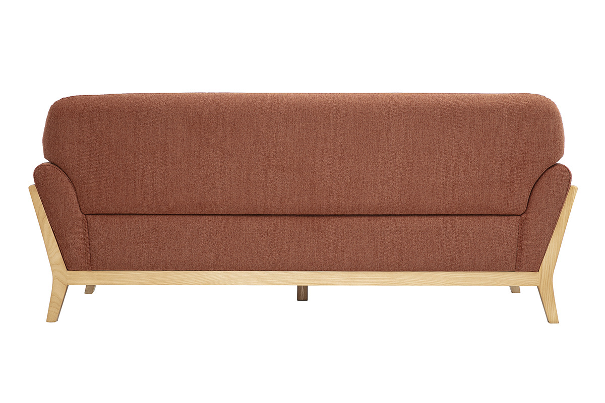 Canap� scandinave 3 places vue de dos en tissu effet velours textur� terre br�l�e et bois clair.