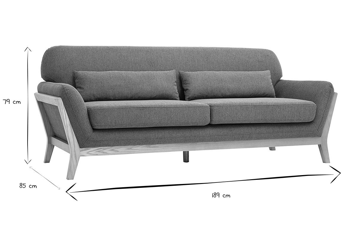 Dimensions du canap� scandinave 3 places : L189 x P85 x H79 cm en noir et blanc.