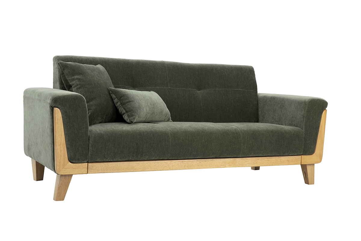 Canap� scandinave 3 places en tissu effet velours vert kaki et bois clair FJORD