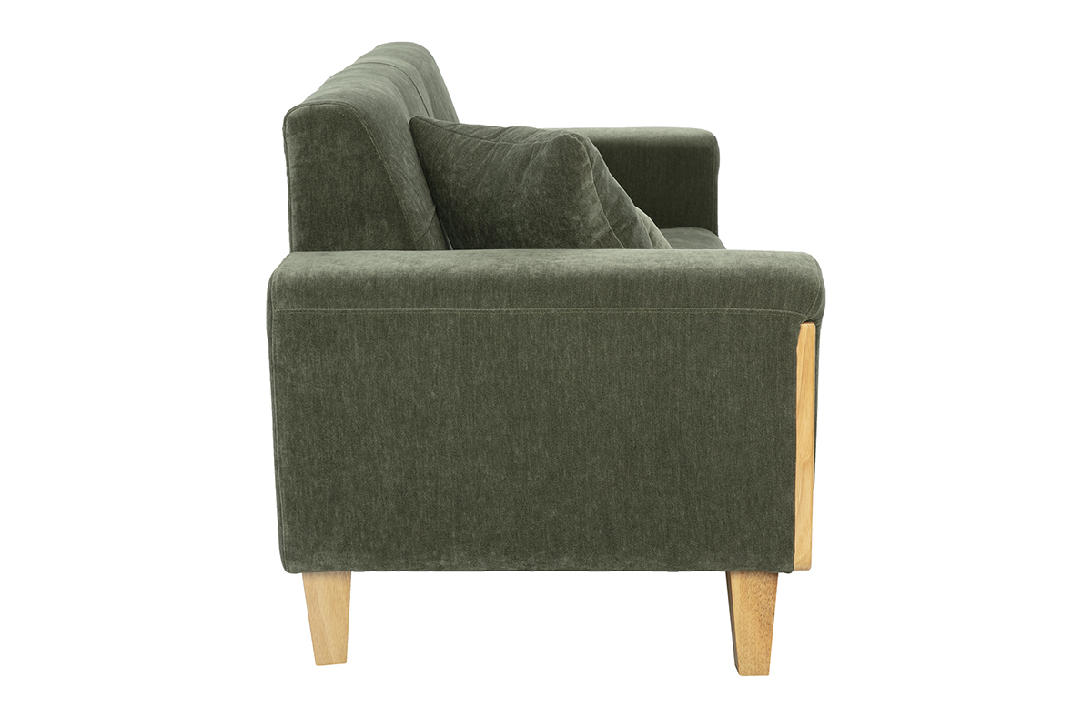 Canap� scandinave 3 places en tissu effet velours vert kaki et bois clair FJORD
