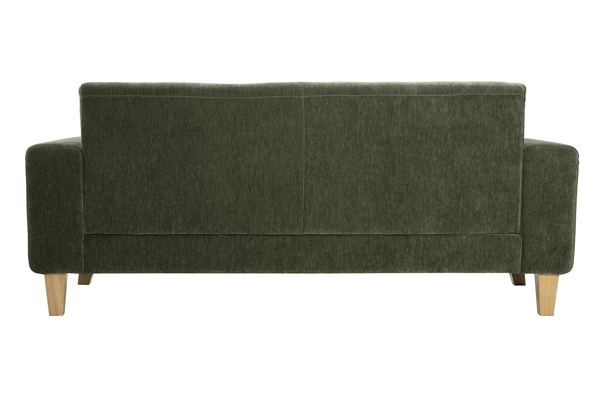 Canap� scandinave 3 places en tissu effet velours vert kaki et bois clair FJORD