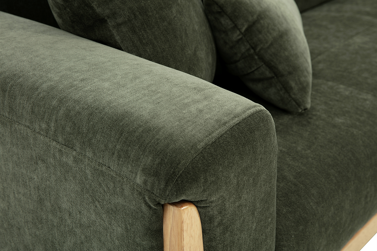 Canap� scandinave 3 places en tissu effet velours vert kaki et bois clair FJORD