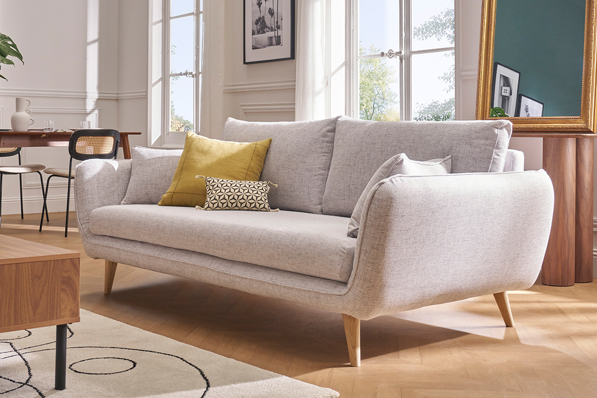 Canap� scandinave 3 places en tissu gris clair chin� et bois clair CREEP
