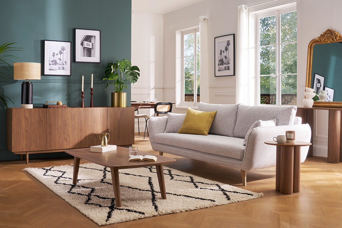 Canap� scandinave 3 places en tissu gris clair chin� et bois clair CREEP