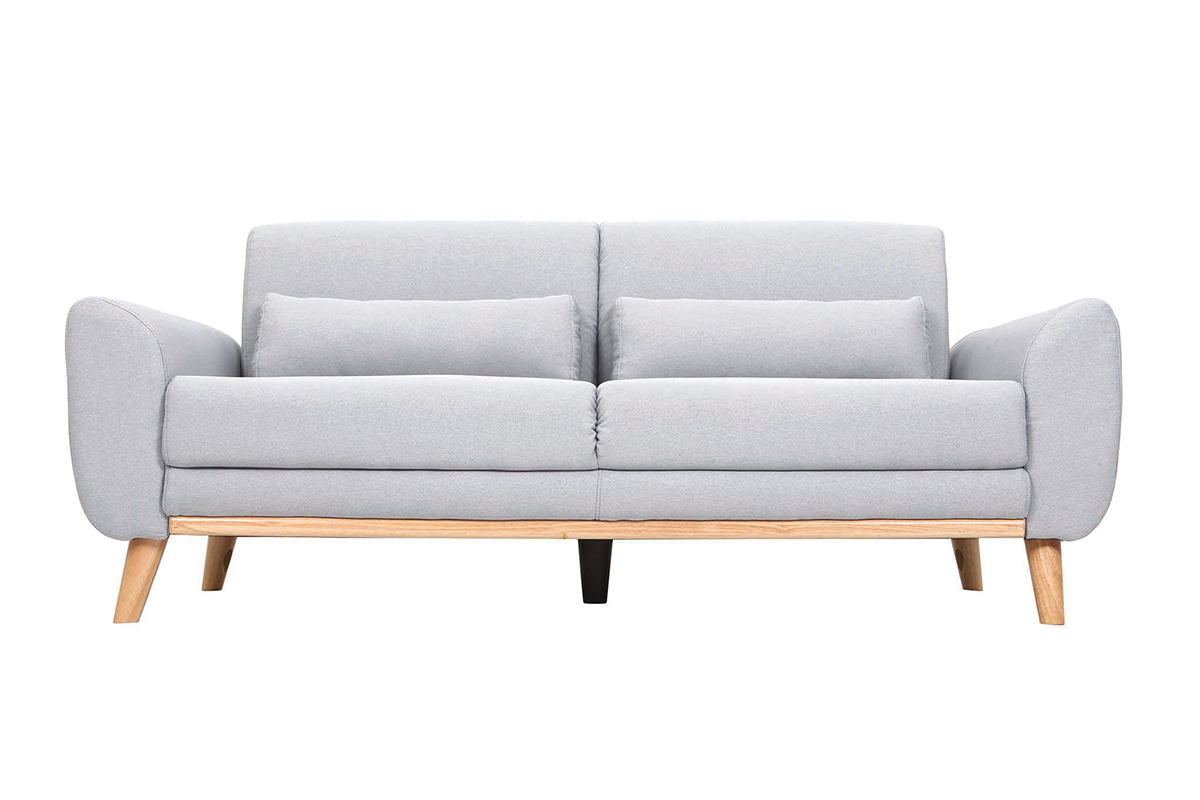 Canap� scandinave 3 places gris clair avec pieds en bois, vue de face.