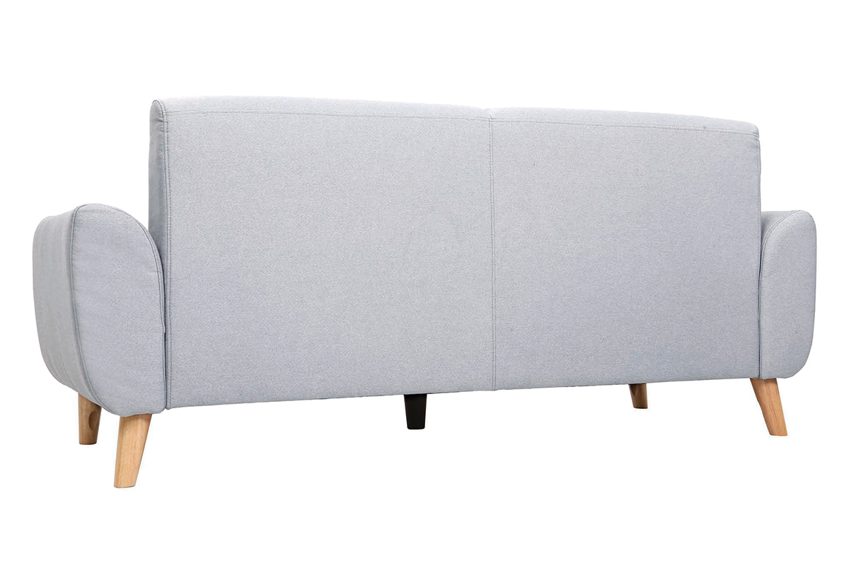 Canap� scandinave 3 places en tissu gris clair, vue de dos, pieds en bois clair.