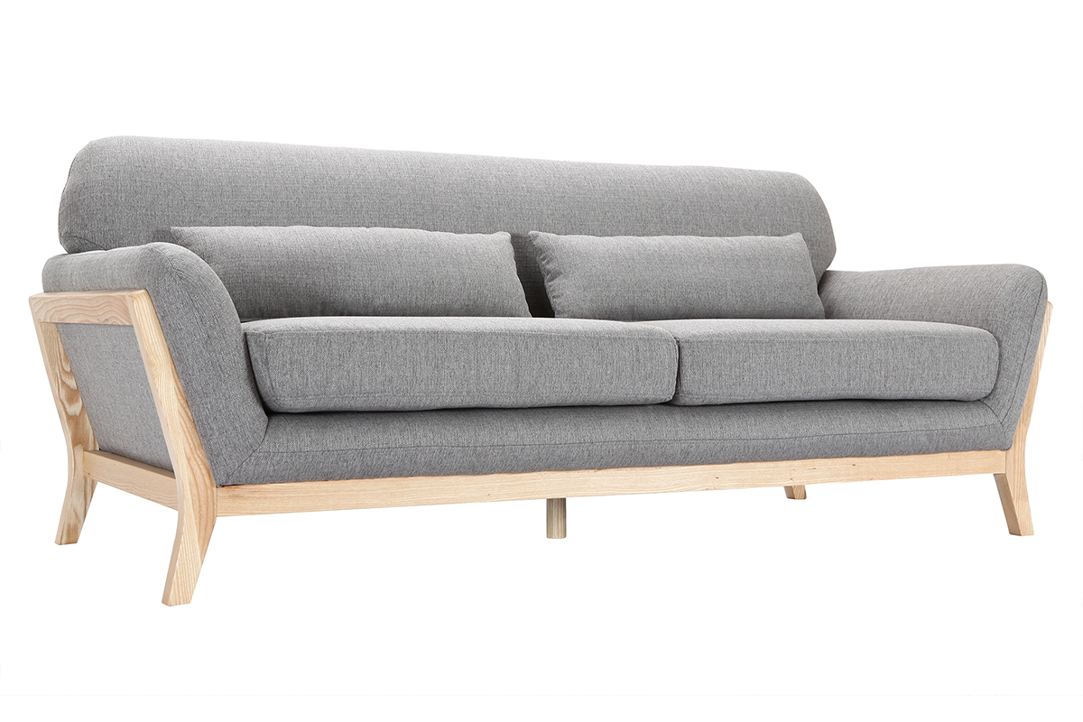 Canap� scandinave 3 places en tissu gris et bois clair YOKO
