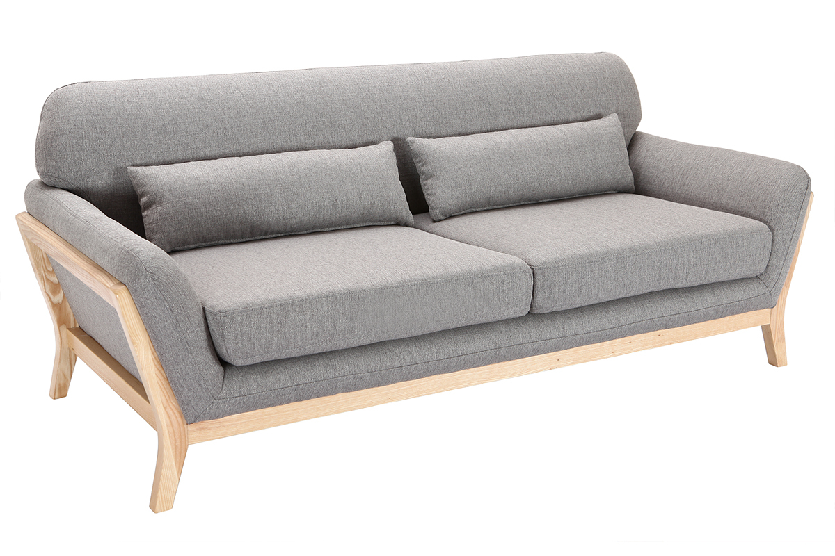 Canap� scandinave 3 places en tissu gris et bois clair YOKO